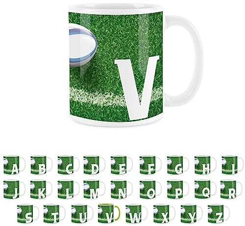 Rugby Letter V Mug - White Initial Personalised Alphabet Tea Coffee Gift Mug Present