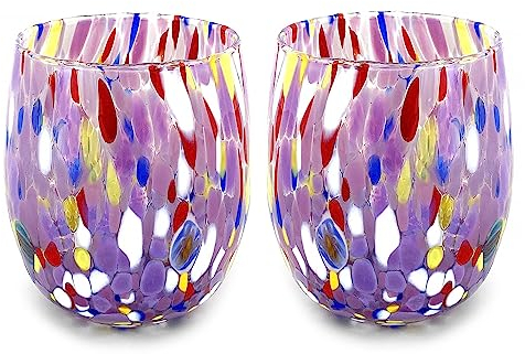 MAZZEGA ART & DESIGN – 2 Wassergläser aus mundgeblasenem Glas mit raffiniertem und originellem Murano-Murrin – Die Farben von Murano – Modell „Colombina 435 ml“. Hergestellt in Italien (Lila, 2)