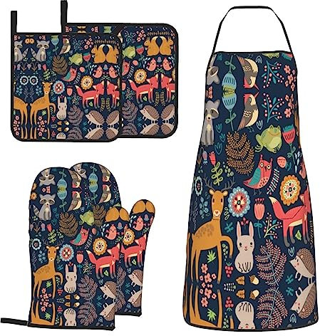 MIFSOIAVV Forest Owl Deer Hedgehog Fox Oven Mitts and Pot Holders Sets with Apron 5Pcs Heat Resistant Fox Kitchen Mitten Gloves and Non-Slip Potholders Apron Sets Oven Gloves Hot Holders for Baking