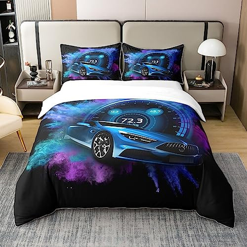 Sport Auto 100% Baumwolle Bettbezüge 135x200 Blau Rennwagen Bettwäsche Set für Jugend,Graffiti Lila Krawatte Gefärbt Tröster Abdeckung Schlafzimmer Dekor,Hippie Extreme Sport Bett mit 1 Kissenbezug