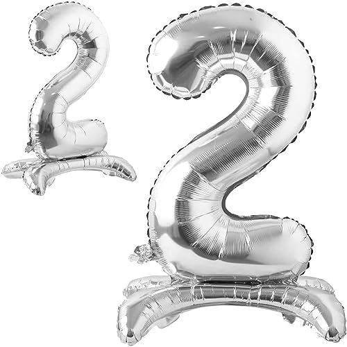 Stehende Luftballons * Zahlen 0 bis 9 * in Gold + Silber + Rosegold | 86cm groß; kein Helium nötig | Stehballons Geburtstag Deko Zahl Party Kindergeburtstag Partydeko, Farbe: Zahl 2 Silber