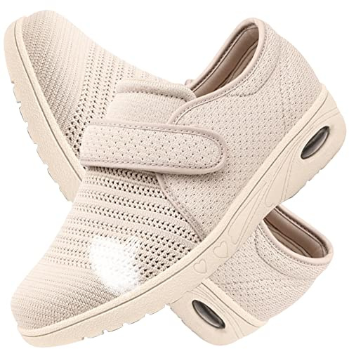 AEHO Scarpe per Artrite Anziani Sandali per diabetici da Donna Pantofole Larghe per Piedi gonfi, Scarpe per Anziani Scarpe Ortopediche Traspiranti Regolabili,Beige,37 EU