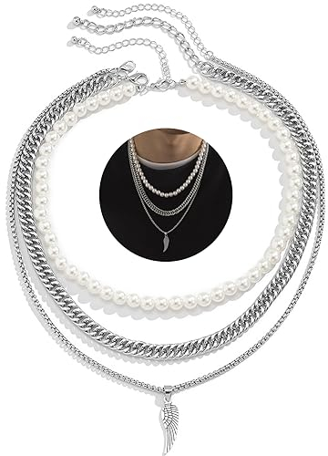 Perlenkette Herren 17-Zoll-Perlenkette Herren Weiß Pack Herren Halskette Unisex-Pearl Necklace, Herren Perlenkette 3 Stück Feder-Perlen-Anhänger für Herren Perlen Kette Herren für Party, Geburtstag