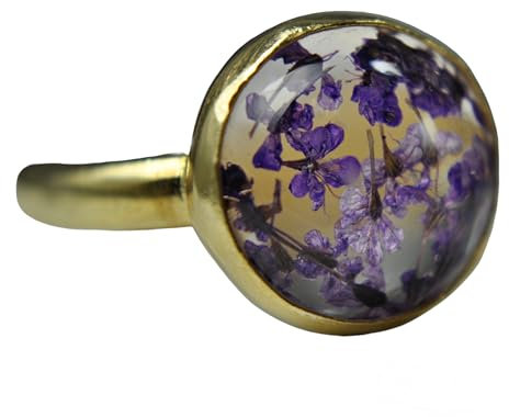 925 Ring Damen - Echten Blüten Sterling Silber - Vergoldet - Lila - Verstellbar - Floral - Naturschmuck - Handmade - Schmuck Geschenk - Weihnachtsgeschenk für Frauen