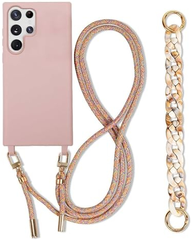 Galful Samsung Galaxy S24 Ultra Hülle mit Band,Handykette Handyhülle mit Armband,Necklace Case mit Kordel Nylon Schultergurt Silikon Schutzhülle zum Umhängen Stoßfeste Case Cover-Sandrose
