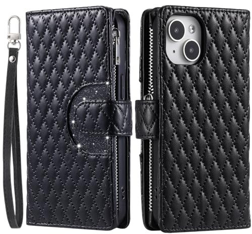 Unichthy For iPhone 13 Zipper Case Glitter for Women 9 Card Slots with Wrist Strap Shockproof Leather Flip Wallet Cover Handbag Zip Pocket Phone Purse for iPhone 13 Black