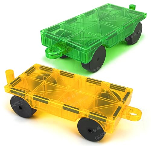 2 PCS Magnetic Tiles Expansion Cars, Magnetic Building Blocks Construction Truck Toys for Ages 3-8 (Yellow/Green)