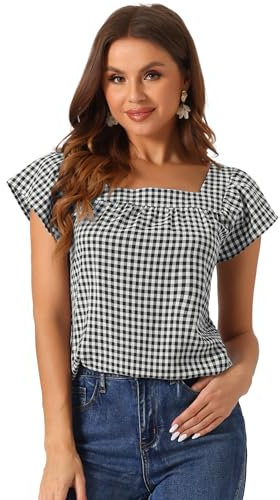 Allegra K Summer Square Neck Gingham Tops for Women's Cap Sleeve Tshirts Blouses Black M