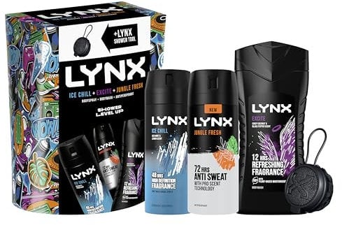 Lynx Shower Level Up 3 piece Gift Set for him with Body Wash, Antiperspirant Deodorant & Shower Tool