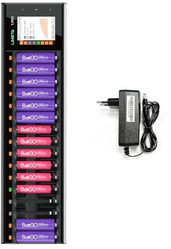 LIMETA R16 16 emplacements AA AAA compatible avec batteries rechargeables LiHv/Ni-MH/Ni-Cd, LiFePO4 et Li-ion rechargeables Chargeur rapide