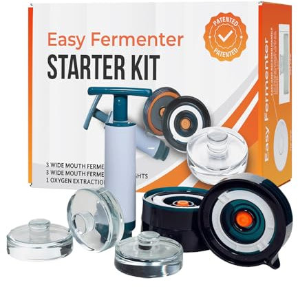 Easy Fermenter Fermentation Starter Set, Includes 3 Airlock Fermentation Lids and 3 Glass Weights, Sauerkraut Fermenting Kit for Wide Mouth Mason Jar, Pickles, Vegetables, & Kimchi Making Kit