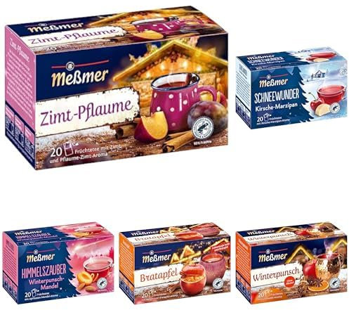 Meßmer Wintertee | Zimt-Pflaume, Kirsche-Marzipan, Winterpunsch, Bratapfel, Aprikose-Mandel | 5 x 20 Teebeutel | Vegan | Glutenfrei | Laktosefrei