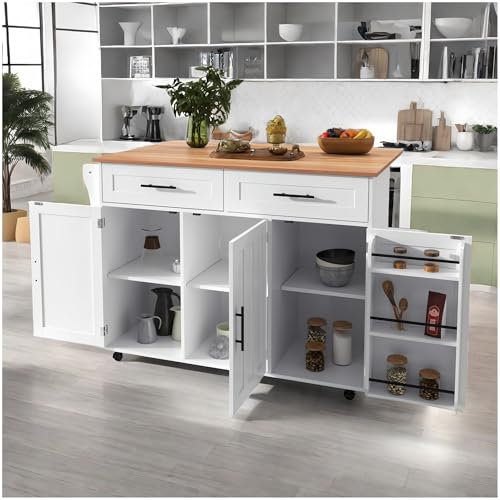 Sapgaks Aparador comedor con encimera plegable, carro de cocina con ruedas, aparador de cocina con 3 puertas y 2 cajones, isla de cocina con patas de madera maciza reversibles (A-Blanco)