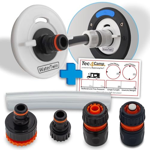 MaJoCompTec® WATERTWIN Bouchon de réservoir avec raccord d'eau - Raccord de remplissage pour bec de remplissage d'eau - Accessoires de camping-car et caravane (ECO-Line + kit de démarrage, adaptateur