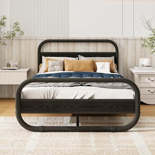 Diahomy Double Bed Frame with Headboard, Metal Platform Bed Frame with Wood Headboard/Mattress Base/Metal Slat Support/Underbed storage/Black Bed Frame Double Bed 4ft6