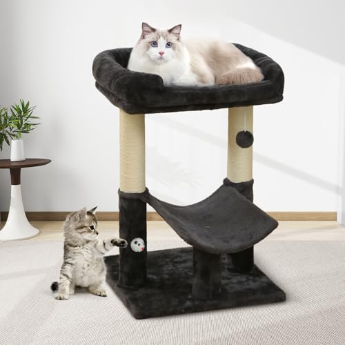 Woochpet Kratzbaum für Katzen, Katzenturm mit Natursisal-Kratzstamm, Plüschige Liegefläche und Plattform, Schwarz
