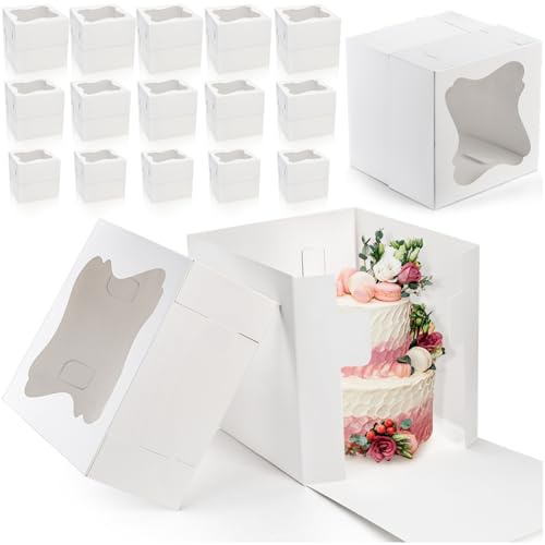Pumtus 15 Pack White Tall Cake Box with Window, Square Cake Box in 3 Sizes 12x12x12 & 10x10x10 & 8x8x8, Cardboard Bakery Container, Disposable Dessert Carrier, Pie Take Out Box for Birthday Wedding