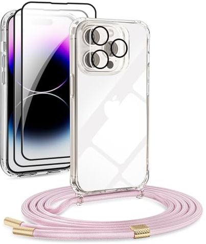 [5 in 1] 1*Handykette Set für iPhone 12 Pro Max Hülle mit Band + 1*Transparent Schutzhülle+2*Schutzfolie+1*kameraschutz Glas, Abnehmbar Necklace Stylische Handyhülle zum Umhängen Kordel (Roségold)