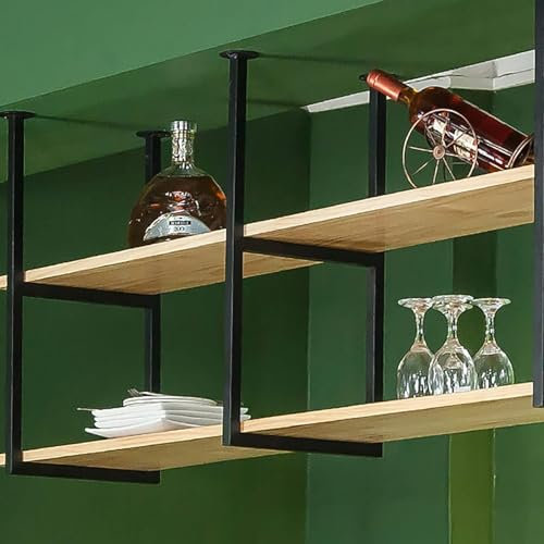 Hängendes Weinregal mit schwebenden Regalen, Holz und Metall, Eisenbar, Weinhalter für Decke, Küche, Lagerregal für Töpfe, Pfannen, Pflanzen und Blumen, 120 x 30 x 80 cm, Ständer