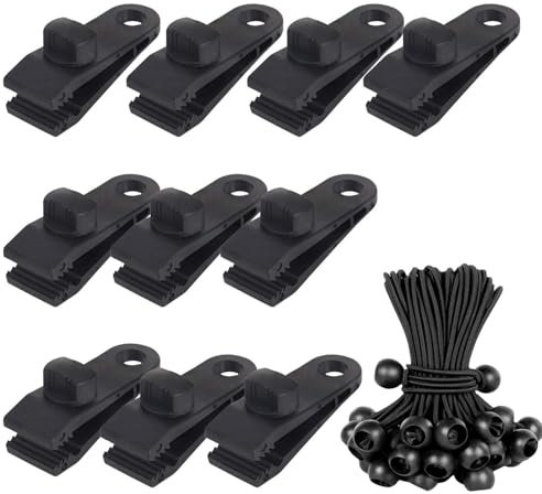 10 Pcs Tarpaulin Clips +10 Pcs Bungee Cord Ball, Shade Cloth Clips Shade Cloth Heavy Duty Lock Grip Tarp Clips Heavy Duty Lock Grip, Tarpaulin Clamps for Garden Outdoor Pool Tie Downs Canvas