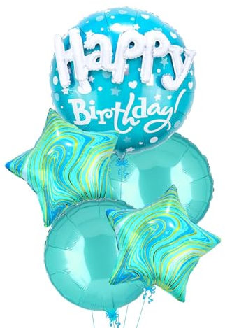 Nine San 5 Stück Türkis Happy Birthday Folienballon 3D Rund Tiffany Blau Geburtstag Luftballon Turquoise Star Foil Balloons Party Deko