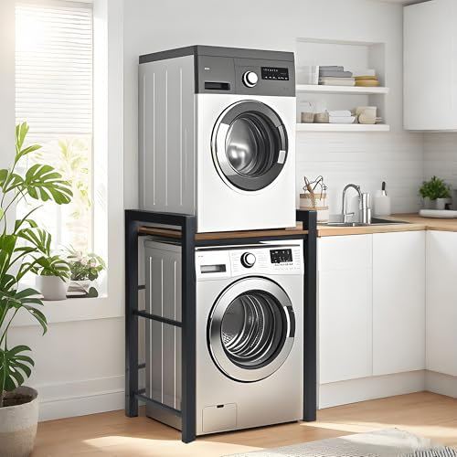 Meuble Machine à Laver Étagère de Rangement, Superposition Lave-linge et Sèche-linge en Acier et Bois Massif, Étagère de Salle de Bain, 3 Hauteurs Réglables, Capacité Charge 300kg, 75x65x105cm, Noir