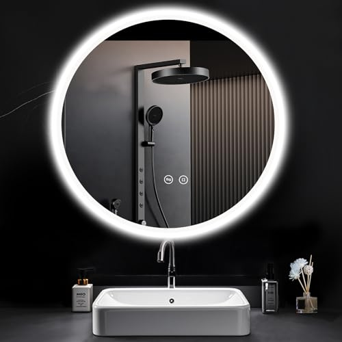 PESENXAN Runder Spiegel mit Beleuchtung, 50x50cm Badspiegel mit Beleuchtung Rund 3 Lichtfarbe Einstellbare, Dimmbar, LED Spiegel Bad mit Touch-Schalter, Speicherfunktion, Warmweiß/Kaltweiß/Neutral