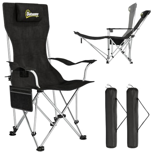 Outsunny Conjunto de 2 Sillas Plegables Camping Carga 120 kg Negro | Tumbonas Camping Portátiles, Reposapiés Desmontable, Reposacabezas, Portavasos, Bolsa Lateral, Jardín Playa Pesca