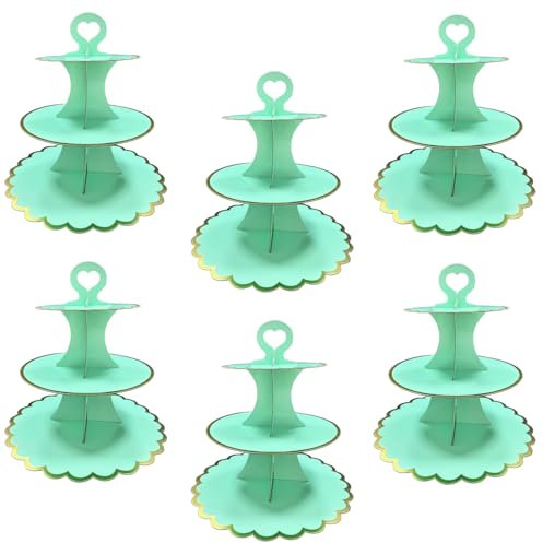 UKoosien 6 Pack Multicolor Cardboard Cake Stand 3 Tier, Afternoon Tea Stands for Wedding Baby Shower Birthday Party, Round Dessert Tower Display (green)