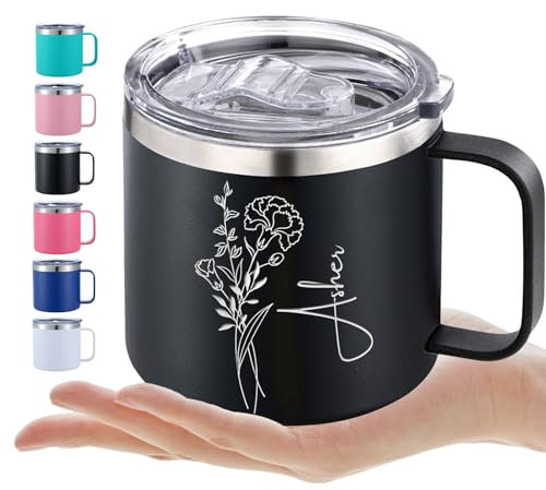 ShAxzHen Taza de café aislada personalizada de acero inoxidable con nombre de flor grabado, tazas de viaje con tapa de asa, regalos personalizados para mujeres y hombres, 14 onzas, 12 onzas