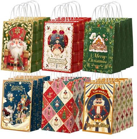Nicrolandee Weihnachtsgeschenktüten, Papiertüten mit Nussknacker-Motiv, für Partygeschenke, Süßigkeitentüten mit Griffen für die Weihnachtsfeier