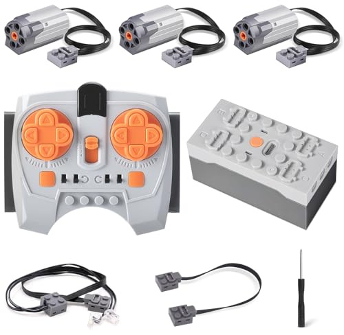 Power Functions Set,7-Teiliges Elektrisch Spielzeug Motor,Power Funktion Zubehör mit Motor,LED -Scheinwerferkabel,Batteriebox,Fernbedienung,Servomotor,50 cm Extension Wire mit Vielen Modellen