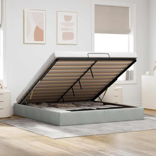 ACAGALA Polsterbett mit Bettkasten 180x200 cm, Doppelbett mit Stauraum, Bettgestell mit Lattenrost, Bettrahmen ohne Matratze, Boxspringbett für Schlafzimmer, Gästezimmer, Samt, Hellgrau