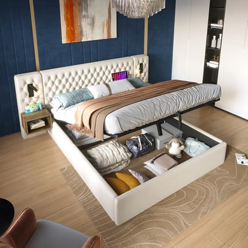 Mrwoo Polsterbett Hydraulisch Stauraumbett Doppelbett 180×200 cm mit 2 Nachttischen, breites Kopfteil Leselicht mit USB-Ladefunktion, Samt, Beige (Ohne Matratze)