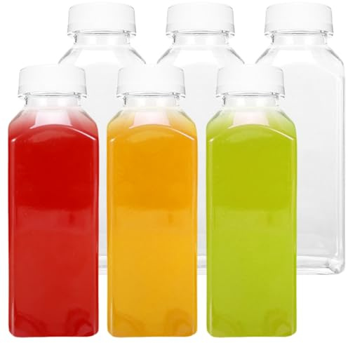 Monetais Plastic Juice Bottles with Caps 6Pcs 350ml/12oz Thickened Clear Juicer Bottles Lightweight Portable Reusable Juice Containers for Water Coffee Milk Milky Tea