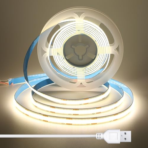 BERIXDEEP COB LED Streifen 3m USB, 8mm, CRI 92, 1.5m Kabel, 5V, LED Streifen Selbstklebend für Küchenunterbau, Regal, TV, Spiegel, Monitor, Naturweiß, 4000K