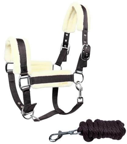 JA Horse JA4006 Premium verstellbar Halfter Set Karabiner, Schwarz, X-Full | 3-Fach Verstellung inkl. Führstrick, Weich gepolstertes Stallhalfter, Verstellbarer Kinnriemen und Karabinerhaken