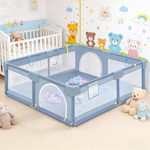 Huracan Laufstall Baby 150x180x66cm, Laufgitter Baby Playpen mit Matte, Atmungsaktives Netz & Rutschfeste Saugnäpfe, Kinderlaufstall aus 210D Oxford Gewebe, Kinder Spielgitter Innen Außen, Grau