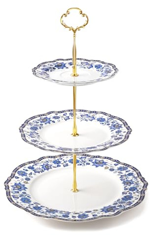 fanquare 3 Tier Porcelain Cake Stand, Blue Floral Dessert Cupcake Stand | Vintage Afternoon Tea Food Serving Display Holder for Party Wedding Anniversary Birthday