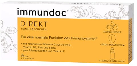 immundoc DIREKT Trinkfläschchen, Immunsystem auf Knopfdruck, 6 Stück à 10ml, Nahrungsergänzungsmittel mit natürlichem Vitamin C aus Acerola, Vitamin D3, E, Zink und Selen