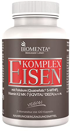 BIOMENTA Eisen + Natürliches Vitamin C - 120 hochdosierte Eisenbisglycinat Kapseln mit Acerola + Hagebutte – vegan – Premiumqualität