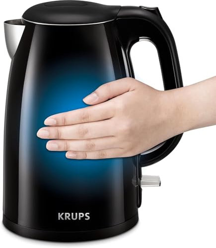 KRUPS BW442D Bouilloire électrique avec câble de contrôle, avec arrêt automatique et boîtier en acier inoxydable, bouilloire en acier inoxydable au toucher frais, noir, 1,5 L, 1