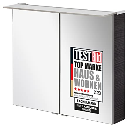 FACKELMANN B.PERFEKT LED Spiegelschrank 80 cm, Anthrazit, Dark Oak Design, Zerlegt, Made in Germany – 2 Spiegeltüren, Innenspiegel, Gedämpfte Scharniere