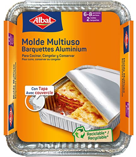 Albal Aluminio 32x26x5 Centímetros con Tapa | Desechables | Asar, Congelar y Conservar | 6-8 Porciones | 2 Moldes, 202567, 0, 1