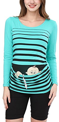 M.M.C. Umstandsshirt Langarm Damen mit Baby-Flucht-Motiv – Umstandsmode T-Shirt für die Schwangerschaft, mitwachsende Raffung, 95% Baumwolle, S bis XL