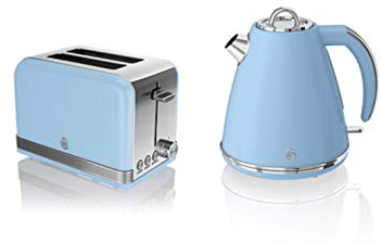 Swan, STP7040BLN, Retro 1.5L Jug Kettle & 2 Slice Toaster, Stainless Steel Body, 3kw, Slide Out Crumb Tray, Auto-Centering, (Blue)