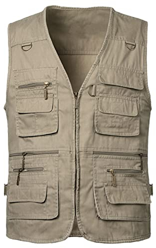 KTWOLEN Mens Fishing Gilet Waistcoat Safari Multi Pocket Dog Training Vest Hunting Hiking Vest Sleeveless Jacket Outdoor Photography Gilet, Khaki, M