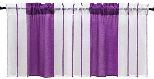 HeichkelL Scheibengardine mit Streifen-Dessinierung Halptransparente Kurzstores Tunnelzug Küche Esszimmer Bistrogardine Violett HxB 60x145 cm