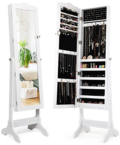GOPLUS Schmuckschrank mit Spiegel, Freistehendes Schmuckregal mit viel Stauraum, Abschließbarer Spiegelschrank, Verstellbarer Spiegelwinkel (Weiß)