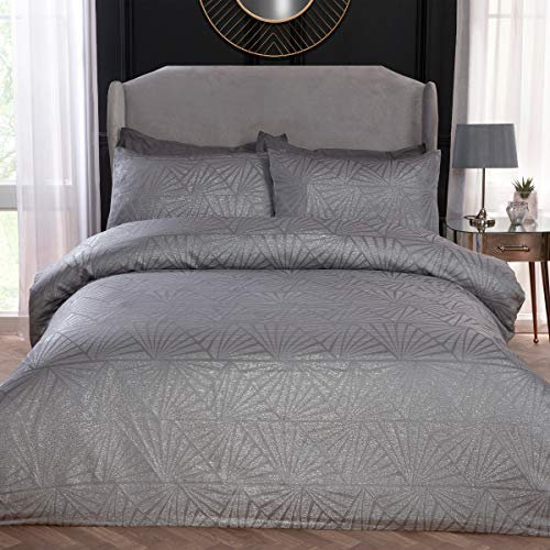 Sleepdown Super weiches geometrisches Luxus-Bettwäsche-Set aus Lurex-Jacquard, Silber-Deko, pflegeleicht, gemütlich, Bettbezug mit Kissenbezügen, Kingsize-Bett (220 x 230 cm)